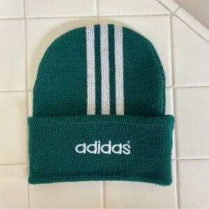 VTG ADIDAS 3 Stripes Green Cuffed Folded Adult Unisex One Size Beanie Hat Cap